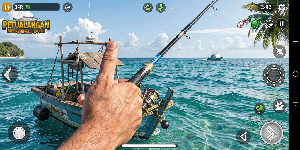 Tampilan gameplay memancing di 34R dengan variasi lokasi dan ikan.