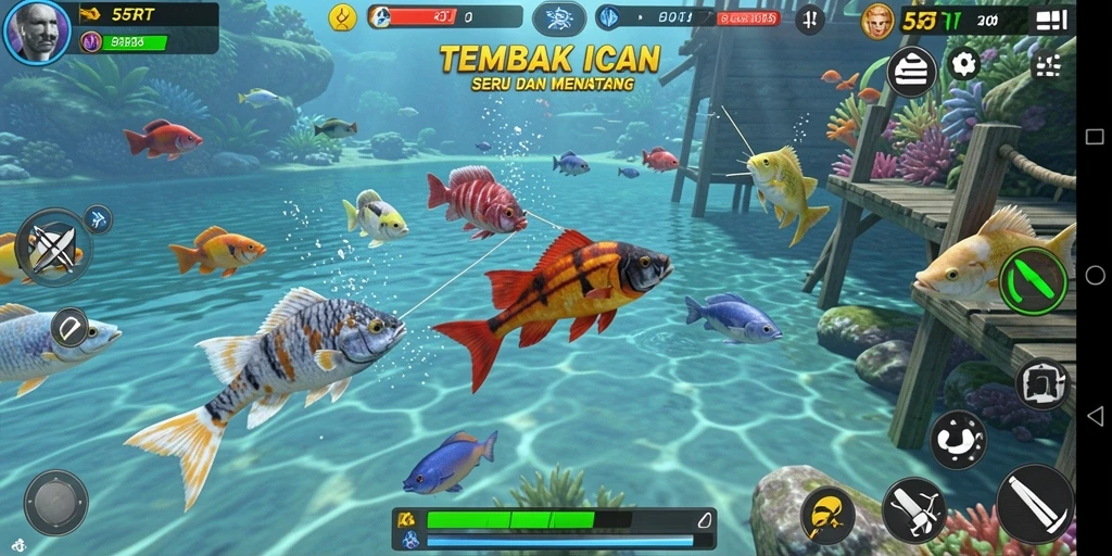 Screenshot gameplay 55RT menampilkan aksi menembak ikan yang seru.