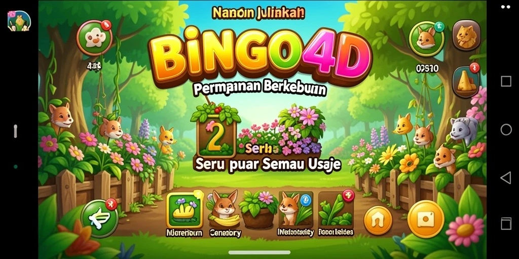 Screenshot BINGO4D menampilkan kebun luas dengan berbagai tanaman dan hewan.