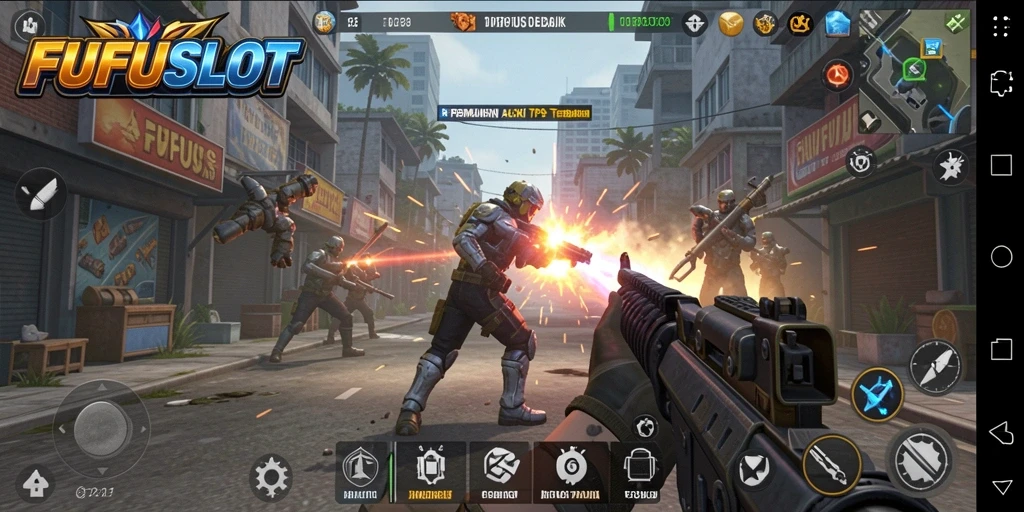 Screenshot FUFUSLOT menampilkan momen pertempuran seru dalam gameplay TPS.