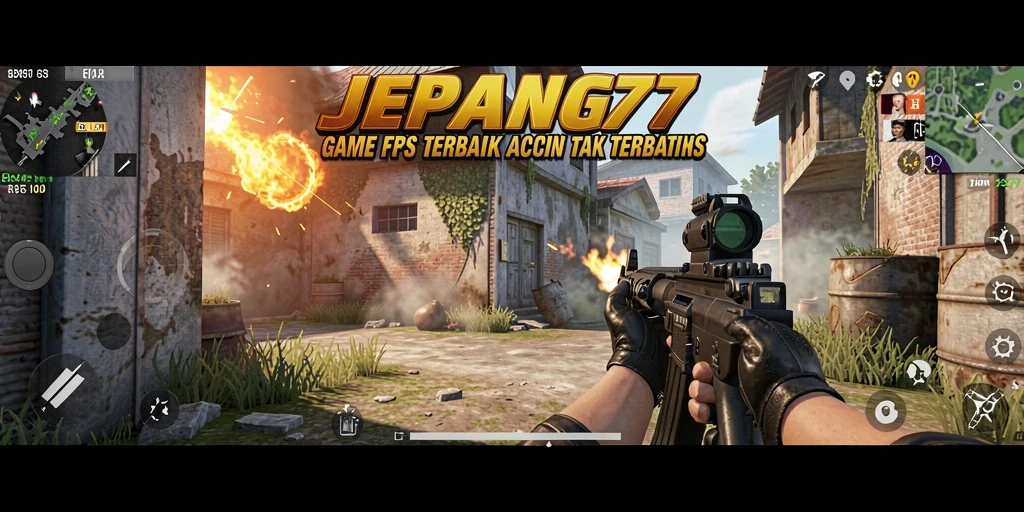 Tampilan gameplay unik dari JEPANG77 di tengah aksi tembak-menembak intens.