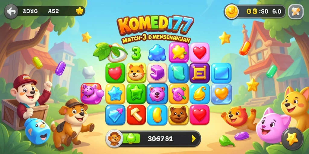 Screenshot gameplay KOMEDI77 menampilkan momen mencocokkan permata seru.