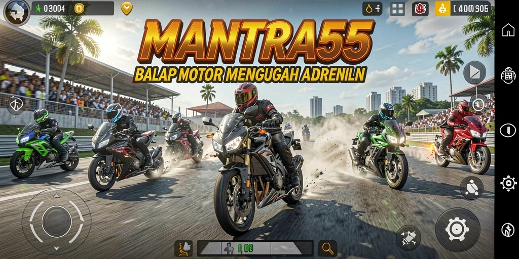 Screenshot gameplay MANTRA55 menunjukkan balapan motor yang penuh adrenalin.
