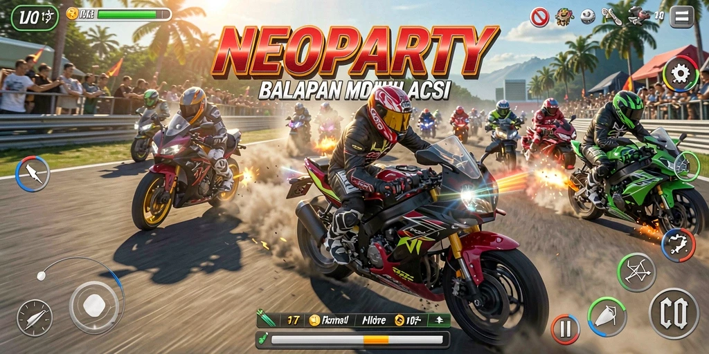 Tampilan menarik dari gameplay balapan motor NEOPARTY.