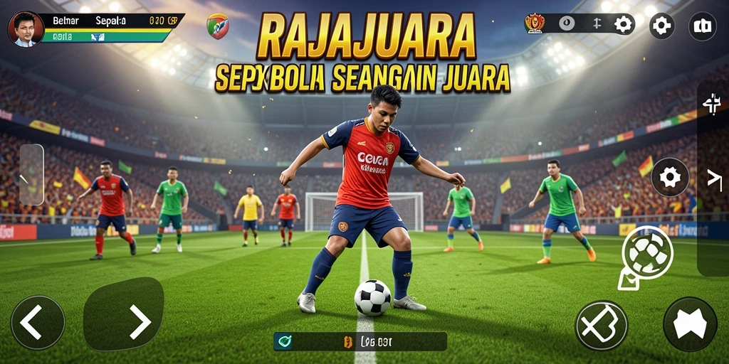 Tampilan gameplay RAJAJUARA dengan aksi sepak bola yang menegangkan.