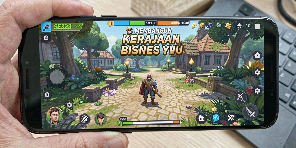 Tampilan gameplay SE328 yang menampilkan pembangunan bisnis yang sukses.